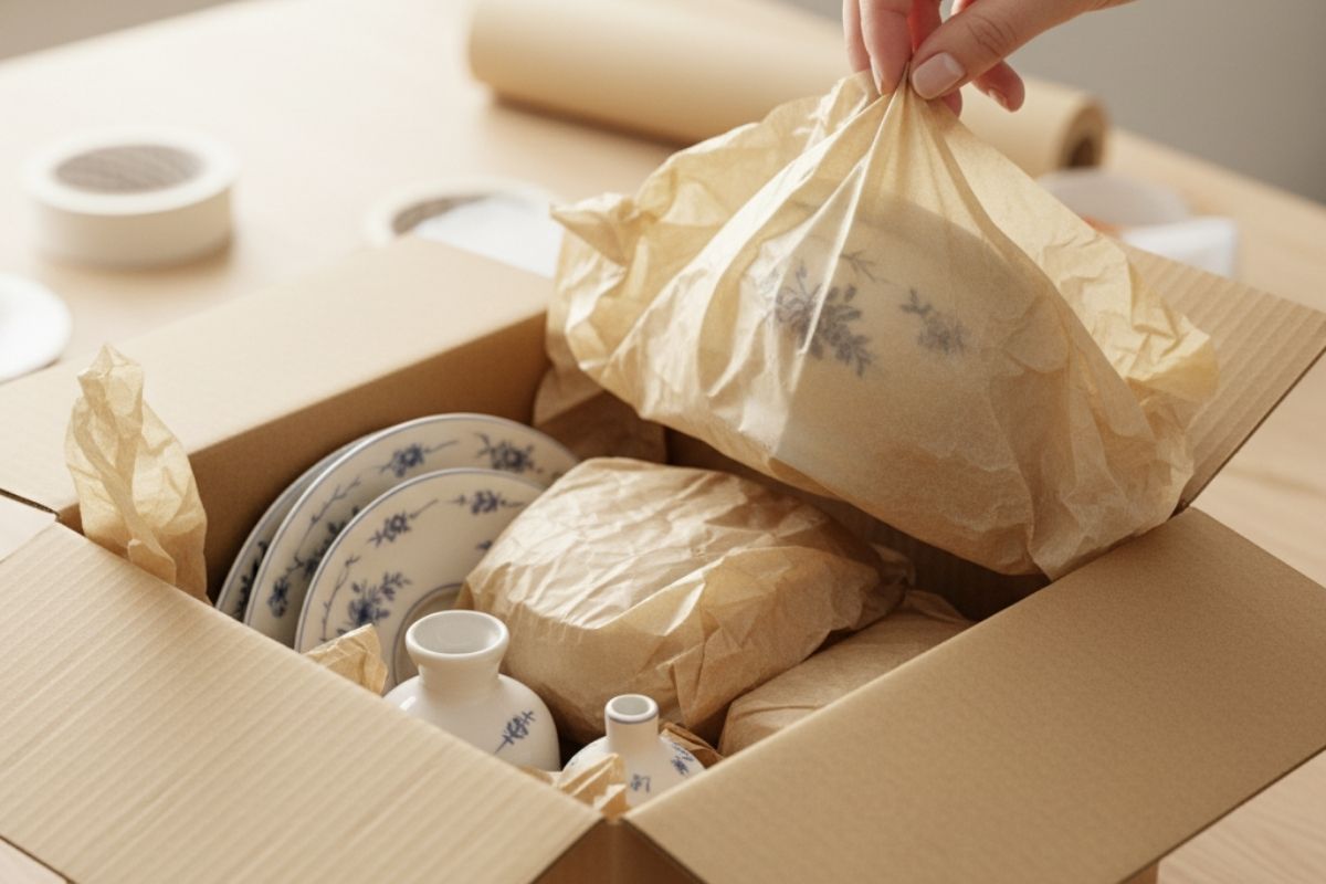 Vase wird in Karton mit Seidenpapier getan